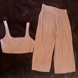 Pink Ribbed Crop Top and Pants Set